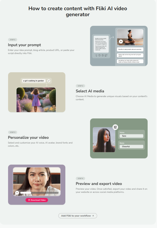 The user interface of the Fliki AI video generator, demonstrating its easy-to-use Fliki text to video conversion tool.
