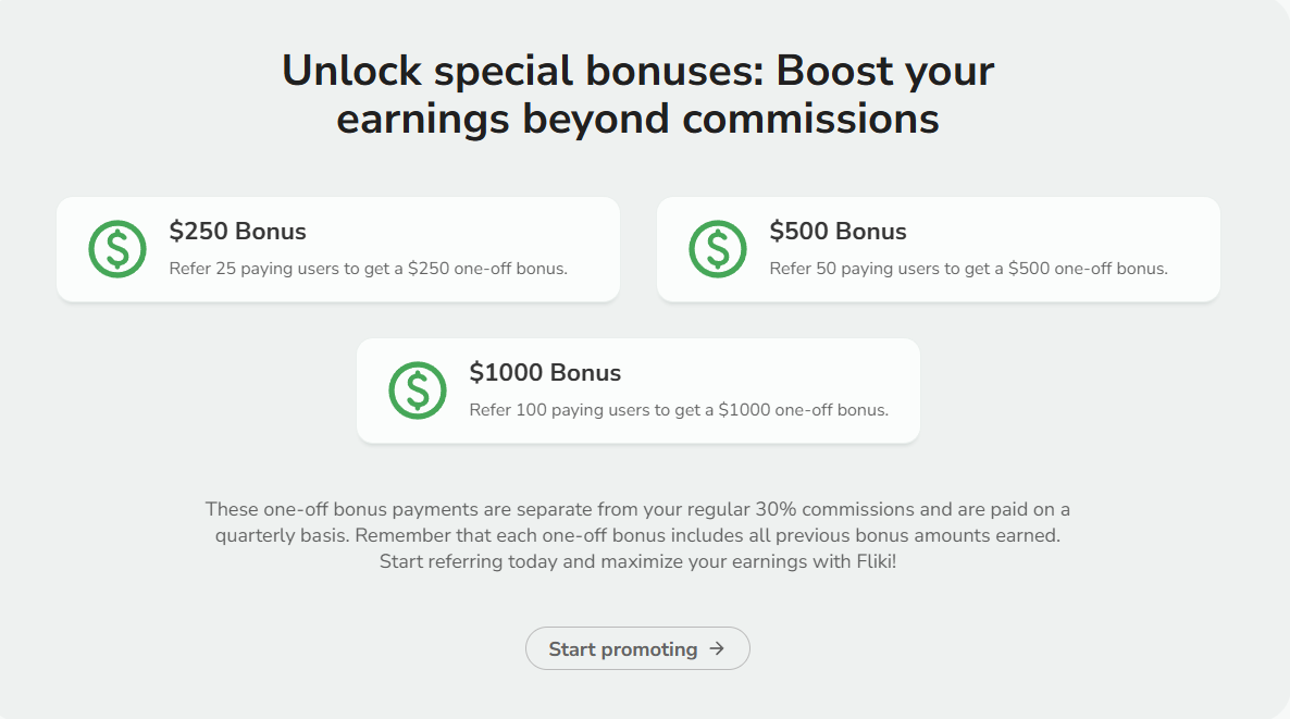 Diagram of the Fliki referral program process: Sign up, promote, and earn recurring Fliki affiliate commission.