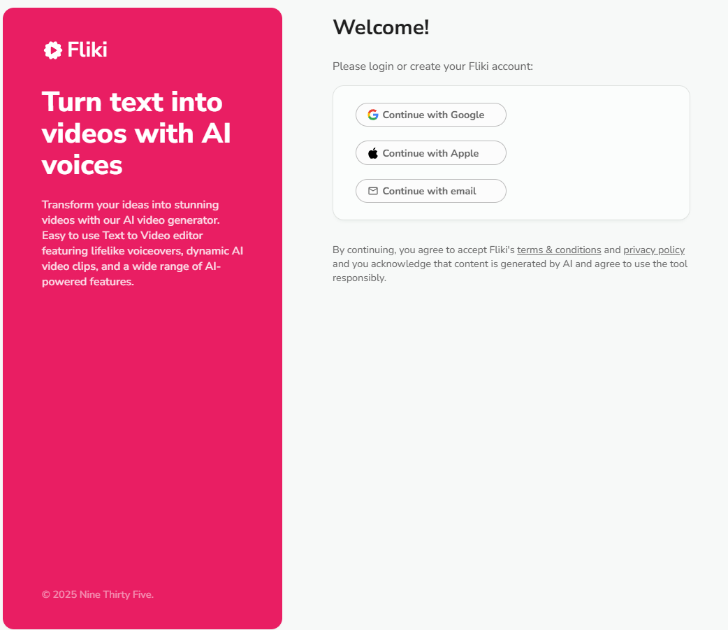 The official Fliki AI login page interface, showing fields for email and password, and social login buttons.